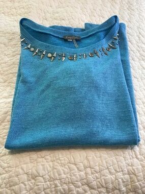 Essentials Milano blue short sleeve boatneck top with silver metal studs (L)